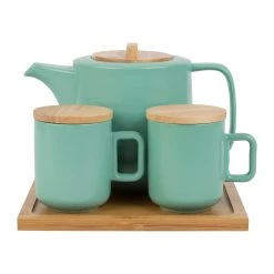Jardin D'Ulysse Coffret Théière Avec 2 Mugs En Porceliane Vert D'eau Et Son Plateau - Eliska