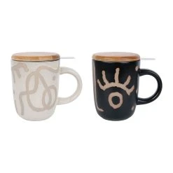 SEMA DESIGN Lot De 2 Tisanières Avec Filtre En Inox Visage Arty Noir Et Beige 42.5Cl - En Gres Et Acacia