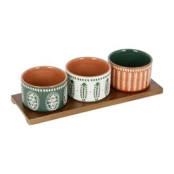 SEMA DESIGN Lot De 3 Coupelles En Grès Et Plateau Terracotta, Vert Et Blanc - Romance Vegetal -Côté Table Store 76600 DET02 WEB