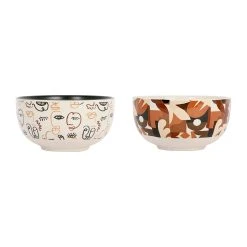 SEMA DESIGN Bols X2 Visage Beige Et Brun 32.5cl En Grès - Terre Brulée